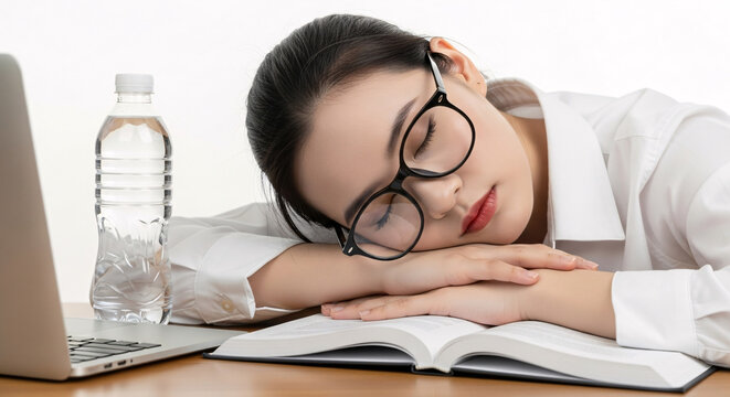 A tired young woman with glasses sleeps on an open book at her desk next to a laptop and water bottle.