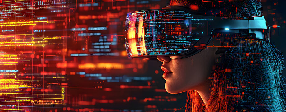 Advanced VR-based education scene with holographic visuals, futuristic digital classroom for language learning and immersive training experience