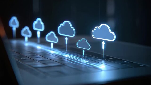 A laptop keyboard with glowing cloud icons, illustrating data upload to the cloud