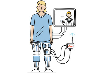 A young adult with a prosthetic leg interacts with a telehealth monitor displaying a doctor's image. Modern medical technology and digital health are showcased.