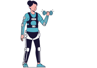 A young adult uses a smart exo-skeleton to lift weights, showcasing futuristic fitness technology. Modern, minimalist illustration style.