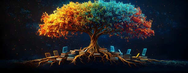 Conceptual learning tree with colorful branches and roots linking books and digital devices, representing educational growth, connectivity, and creativity