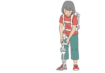 A young girl adjusts an exoskeleton brace, demonstrating its operation. Clean, modern illustration style. Focus on detail and functionality.