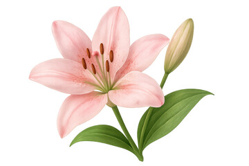 Fototapeta premium Pink lily flower botanical illustration with bud and green leaves, delicate bloom creating a springtime nature concept