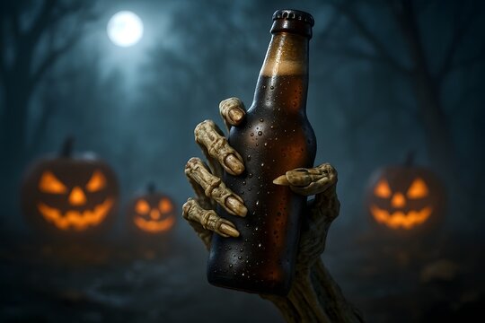 Skeleton hands holding beer bottle against glowing pumpkins on Halloween night
