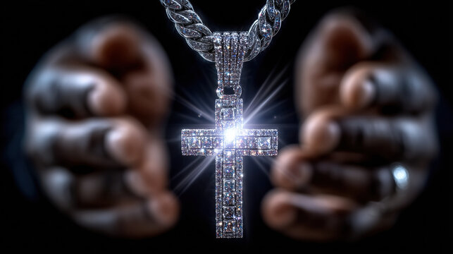 Hands of man holding sparkling diamond cross pendant, showcasing intricate details and bright glow, symbolizing faith and luxury