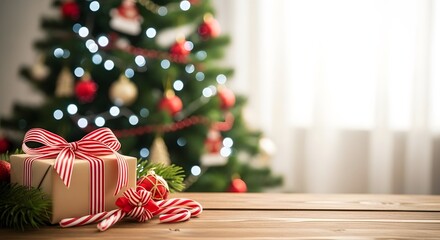 Christmas gift box with festive red ribbon and candy canes on a wooden table in front of a blurred holiday tree