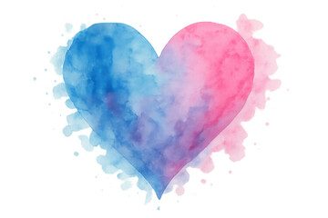 Watercolor heart illustrating gender reveal concept with pink and blue paint splatters, love, and pregnancy theme