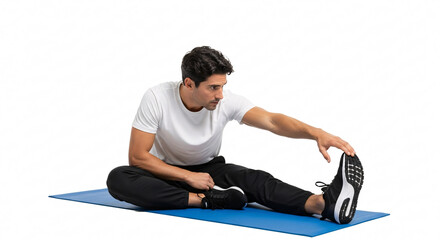 Obraz premium Man stretching leg while sitting on exercise mat.