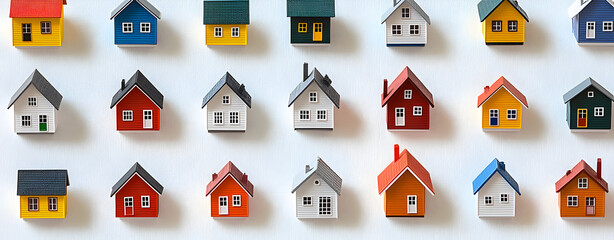 Isometric pattern of small home models isolated on white background, minimal contemporary style symbolizing housing, architecture, and community living concepts