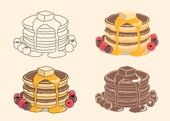 Stack of Pancakes with Butter and Syrup Line and Color Illustration Flat Minimalist Breakfast Food Design in Cozy Warm Tones