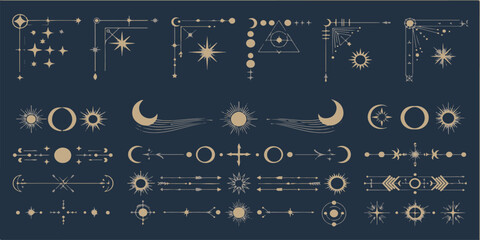 Celestial mystical vector corner frames, borders, and dividers for luxury branding design