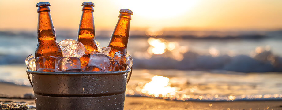 Refreshing summer drink concept with chilled beer bottles in ice bucket on seaside, vibrant vacation lifestyle background and copy space for advertising