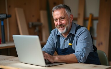 Portrait of mature worker using laptop in carpenters workshop interior, copy space. High quality