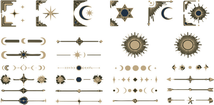 Elegant celestial vector corner borders, mystical dividers, and sun and moon elements isolated on white