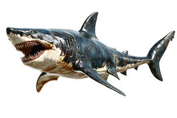 Realistic 3D illustration of ancient Megalodon shark, massive prehistoric sea predator isolated on white background, marine dinosaur concept for ocean history themes