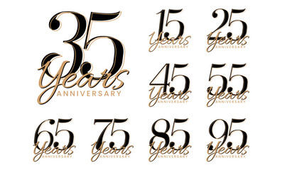 Classic luxury birthday number logo collections. Anniversary symbol with black and gold concept for celebration. 15, 25, 35, 45, 55, 65, 75, 85, 95, years vector template