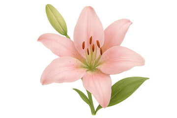 Fototapeta premium Pink lily flower blooming illustration with bud and green leaves isolated on transparent background