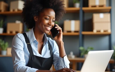 Black, businesswoman and phone call in logistics startup consulting with customer while working at office. Happy African female talking to client or buyer on smartphone in small ecommerce business