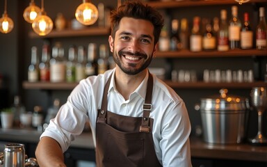 Bartender wearing apron and smiling. High quality