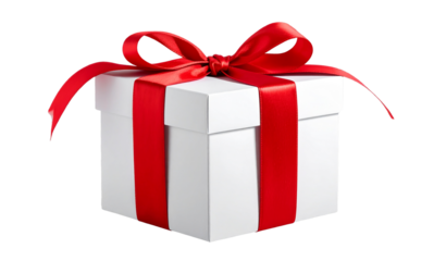 White gift box with shiny red ribbon bow isolated on transparent background