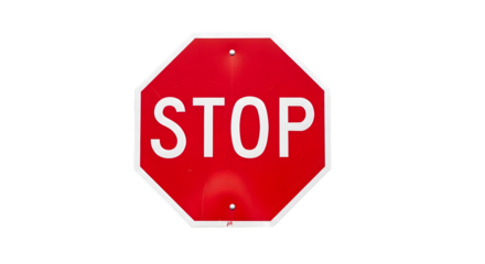 Red octagonal stop sign with white lettering isolated on transparent background
