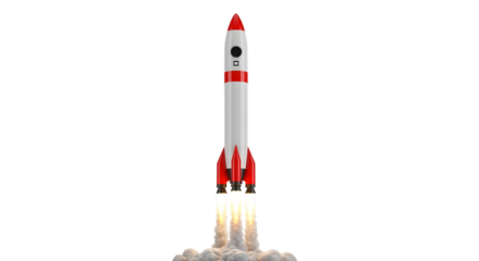 White and red rocket launching with smoke isolated on transparent background