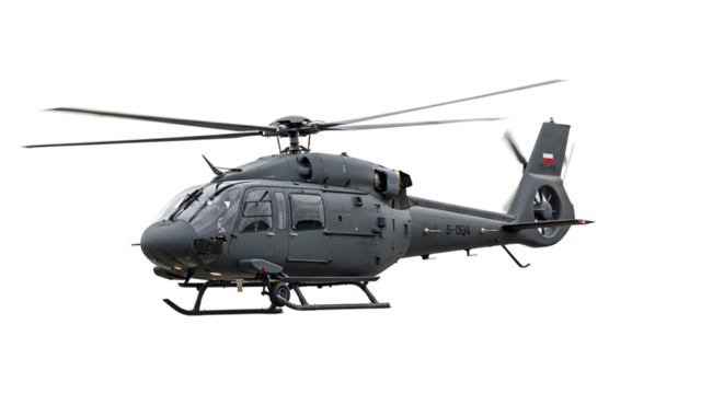 Modern military helicopter flying isolated on transparent background