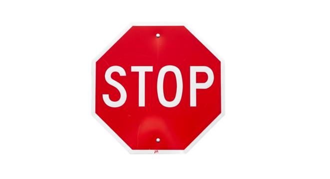 Red octagonal stop sign with white lettering isolated on transparent background - Powered by Adobe