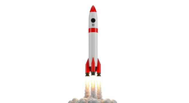 White and red rocket launching with smoke isolated on transparent background