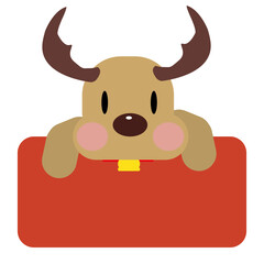 A illustration of Christmas reindeer or moose peeking over a solid bright red rectangular banner. idea for Christmas a cute placeholder for announcements or labels