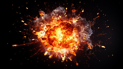 Fiery bomb explosion with sparks isolated on black background