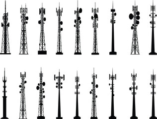 Communication tower silhouette vector illustration, eighteen antenna and dish structures in grid layout, white background for telecom, signal, and broadcast design