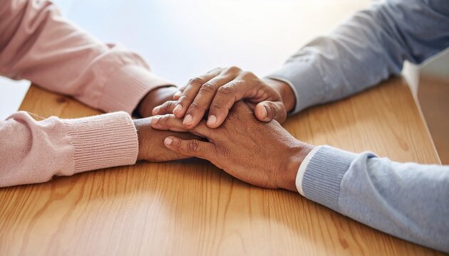 A compassionate moment of human connection as two individuals hold hands on a wooden table, offering solace, love, and unwavering support