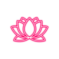A vibrant pink neon outline of a lotus flower, centered on a white background, creating a simple yet striking design.