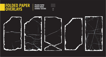 Set of Five Grunge Folded Paper Overlays with Rough Edges and Distressed Texture for Graphic Design