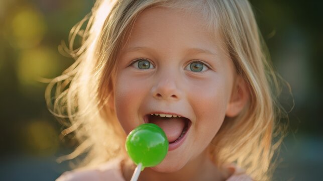 Smiling girl with green lollipop outdoors on sunny day - Powered by Adobe