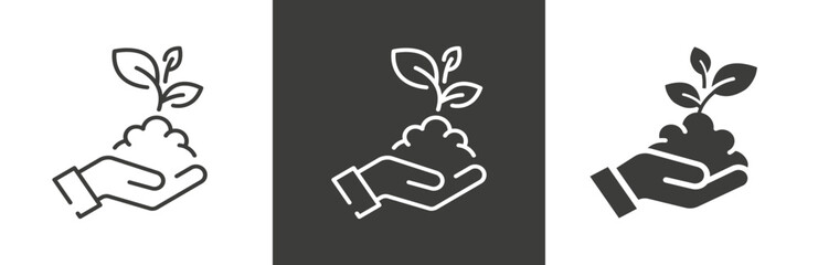 flat and linear set icons, growth plant on the hand, icon, outline leaf, seedling, simple symbols on white and black background - editable stroke vector illustration
