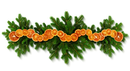 Dried orange slices strung as garland across lush green fir branches on white background....