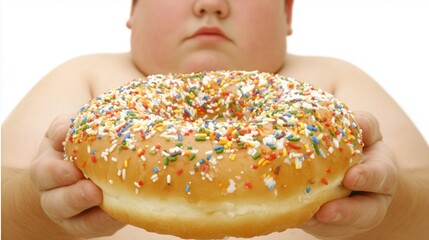 Obesity among children. A chubby boy holds an oversized doughnut with colorful sprinkles on it in front of his chest. Obese youth