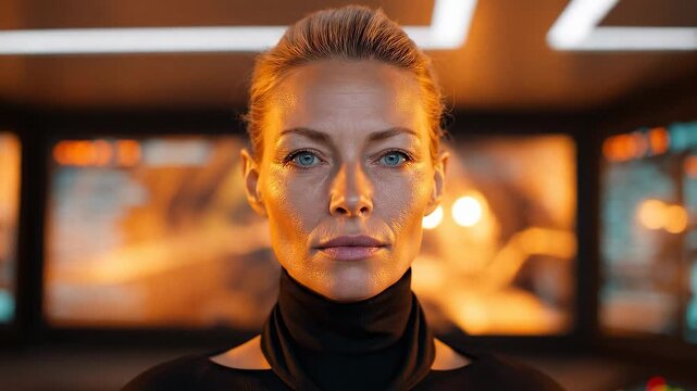 A woman stands in a high-tech control room, illuminated by changing lights. Her expressions shift with the light, revealing different moods and emotions as she engages with her surroundings