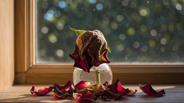 Timelapse of a beautiful red rose fading and turning into a weed in a vase on a window