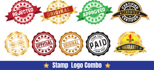 Premium Stamp Logo Collection Set &ndash; Approved, Certified, Original, Rejected, Paid, and Warranty Badges on Transparent Background