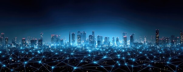 Smart city with abstract line dot gradient connect concept. Futuristic city skyline with a digital network overlay at night.