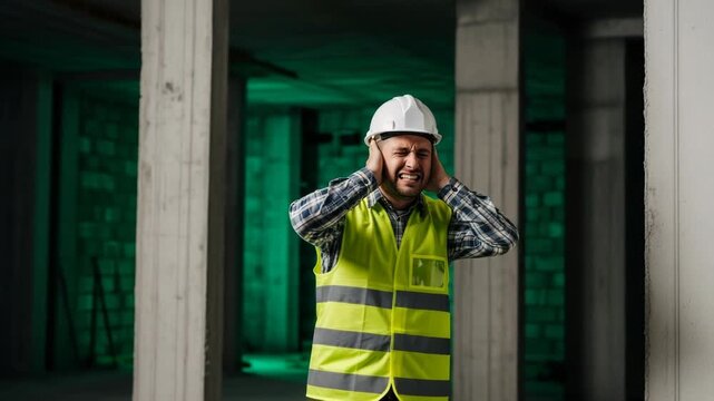 Construction worker covering ears from noise