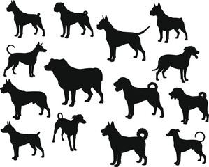 Dog silhouette vector illustration, fourteen canine profiles in varied poses and shapes, white background for pet, breed, and animal design concepts