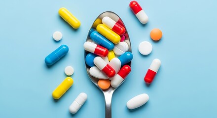 A spoonful of colorful pills and capsules scattered on a light blue background, representing medicine and health