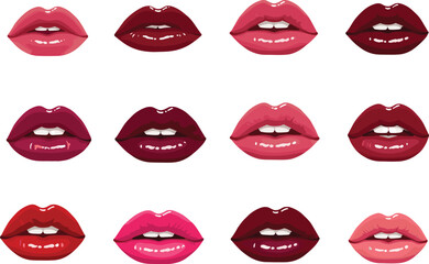Lipstick vector illustration, twelve glossy lip styles in colorful grid layout, white background for beauty, fashion, and makeup design concepts