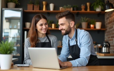 Obraz premium Two young managers or shop owners having some discussion working on a laptop at the counter of the shop or cafe. Small business management concept. High quality