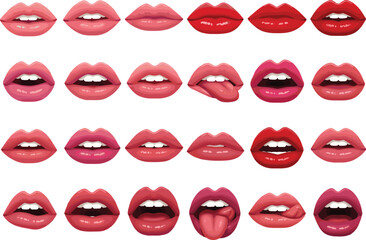 Lip expression vector illustration, twenty-four colorful mouth shapes in grid layout, white background for fashion, makeup, and character design concepts